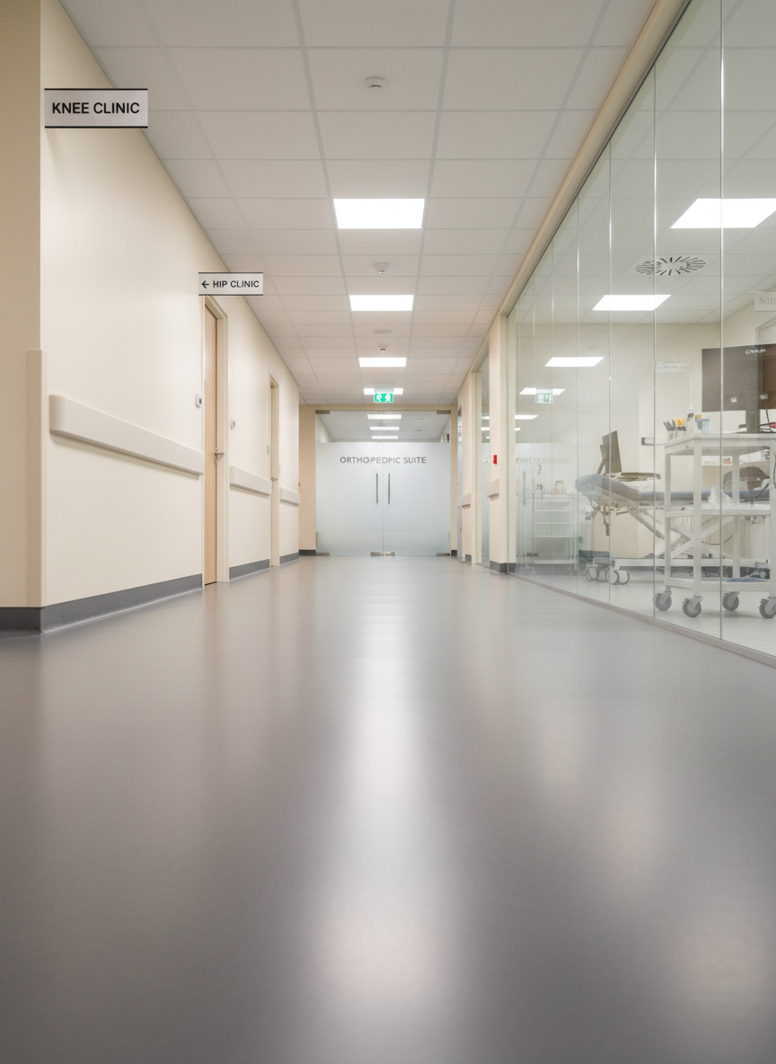 A modern hospital corridor leading to the orthopaedic unit, with wide, glossy vinyl flooring in a soft grey and walls painted in warm white with discreet signage for knee and hip clinics. Large glass panels along one side reveal glimpses of consultation rooms with neatly arranged medical equipment. Recessed ceiling lights provide consistent, diffused illumination, creating a bright yet gentle environment without glare. At the end of the corridor, a frosted glass door with subtle metallic lettering signals the specialist orthopaedic suite. The mood is orderly, professional, and welcoming. Photographed from a low, centered perspective down the hallway, lines of the floor and ceiling guide the eye forward, evoking a sense of direction and trust. The style is clean, minimalist, and photographic with a corporate aesthetic.