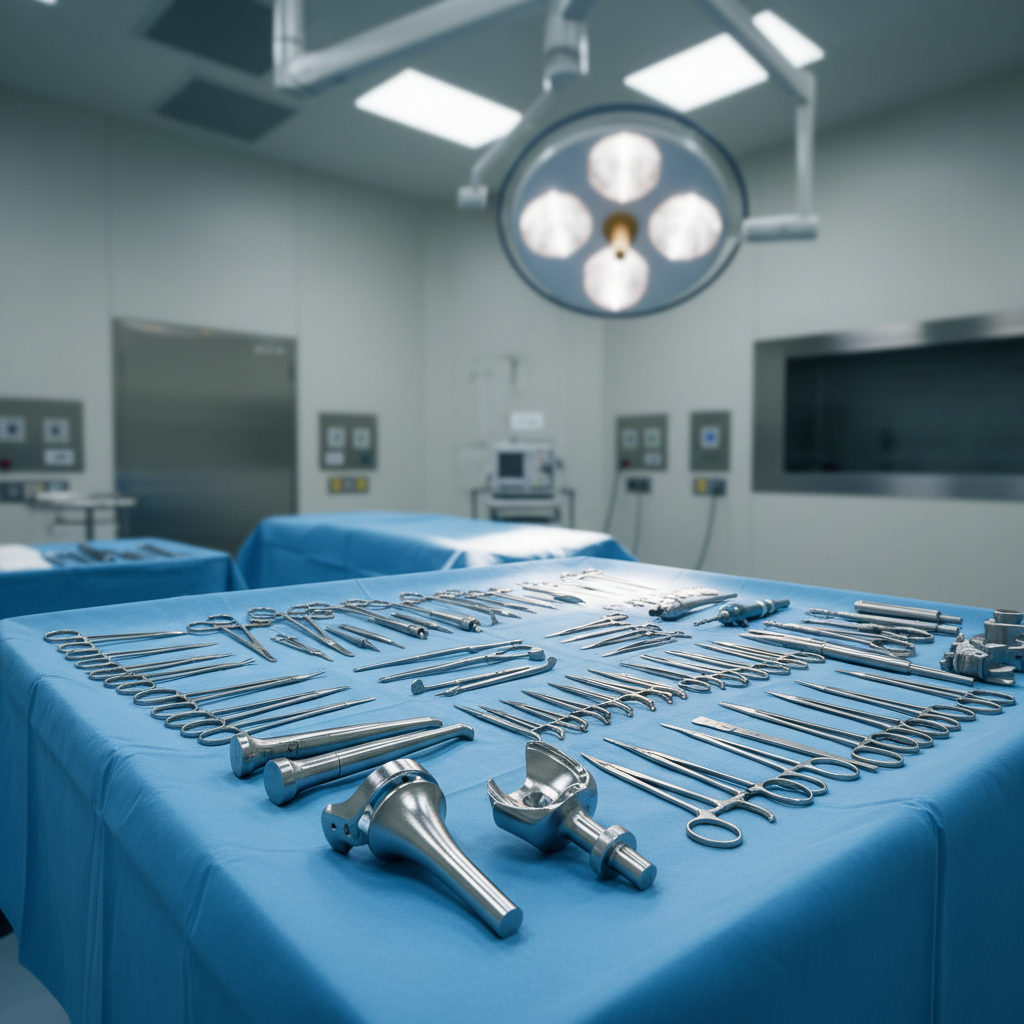 A meticulously organized orthopaedic surgical preparation area showcasing an array of stainless steel instruments arranged on a sterile blue drape. In the foreground, polished prosthetic knee and hip implants rest side by side, their smooth metallic curves reflecting subtle highlights. The background reveals a blurred view of a pristine operating theatre with neutral-toned walls, built-in equipment, and a large, ceiling-mounted surgical light. Cool, even overhead lighting creates a clinical yet calm atmosphere, with soft reflections glinting off instrument surfaces and almost no harsh shadows. Captured from a slightly elevated angle with sharp focus across the instrument tray and gentle bokeh beyond, the composition emphasizes order, precision, and advanced technology in a photographic, corporate style with clean lines and structured layout.